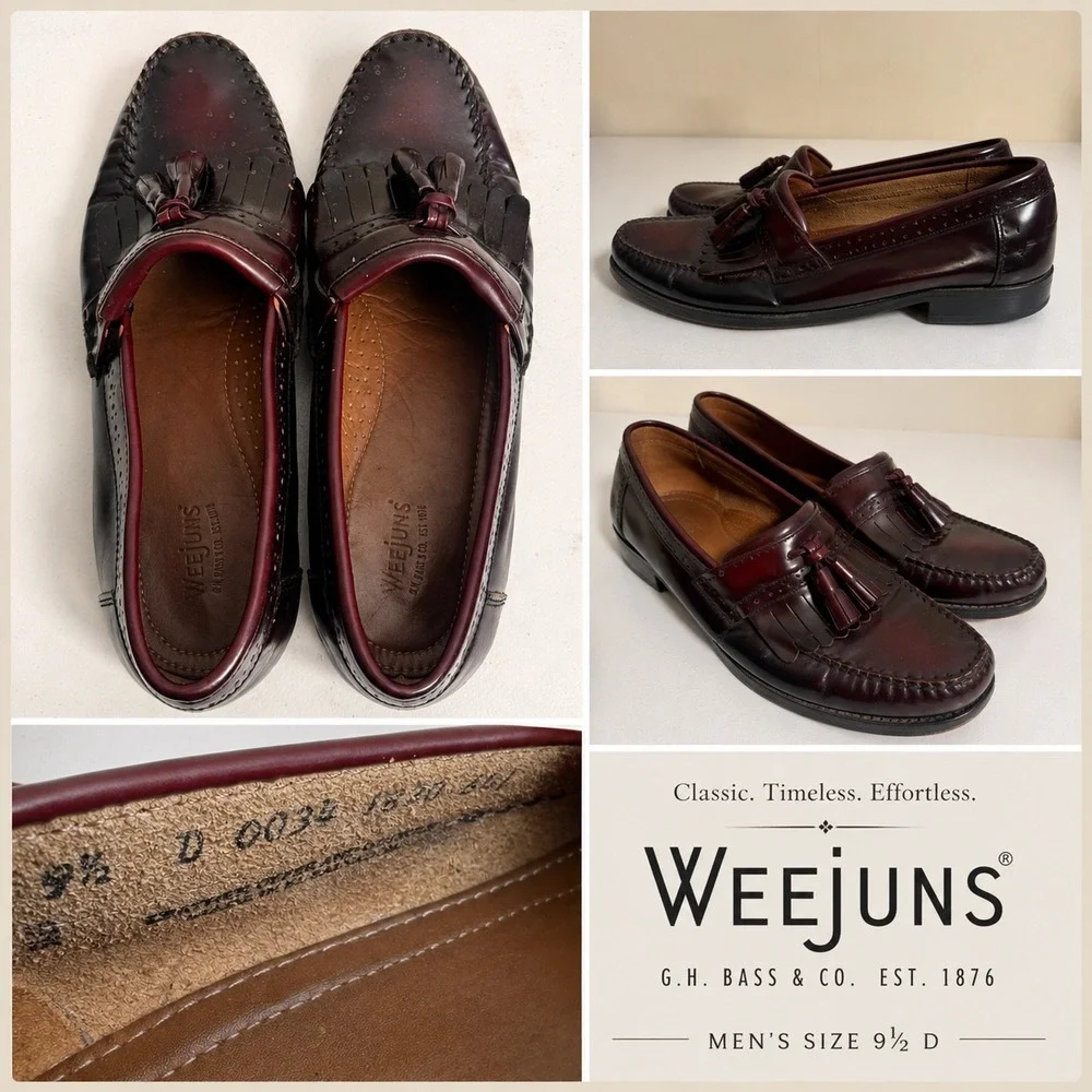 GH Bass Weejuns Tassel Loafer Men 9.5 D Burgundy Leather Kiltie Preppy Dress Sho